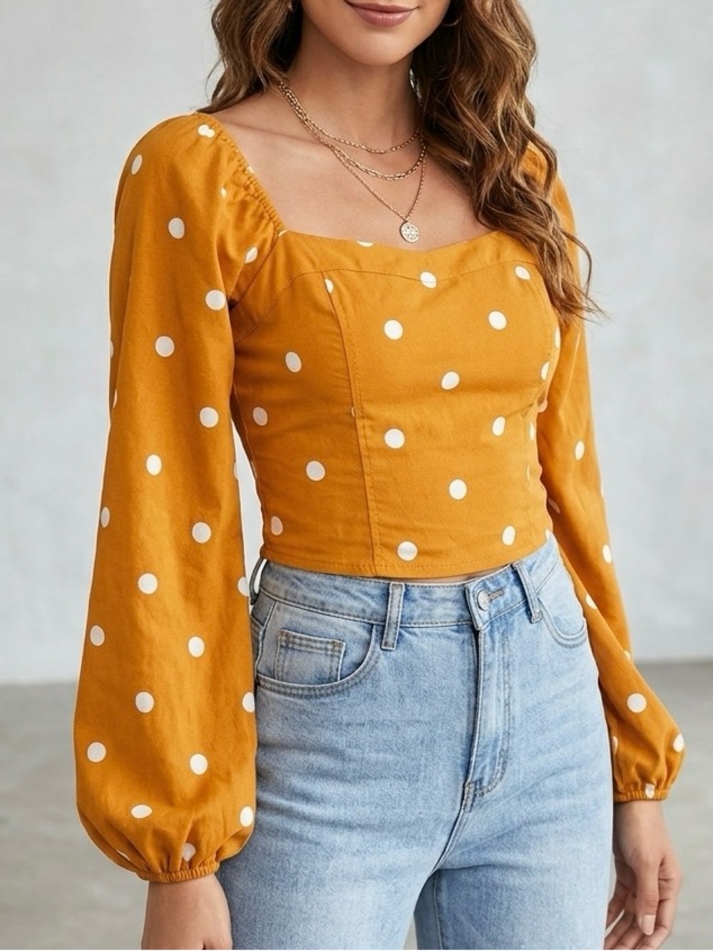 Derek Heart Mustard Polka Dot Square-Neck Crop Top